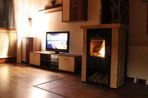 a living room with a fireplace and a television at Drevenica Trnovec in Liptovský Trnovec