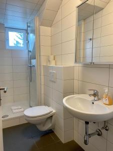 een badkamer met een wastafel, een toilet en een douche bij AJO Vienna Balcony - Contactless Check-in in Wenen