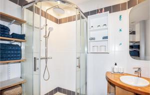 łazienka z prysznicem i umywalką w obiekcie Beach Front Apartment w mieście Saint-Cyprien-Plage +6 zdjęć