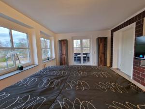 a bedroom with a bed and a tv and windows at Spatzennest in Dresden