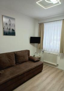 a living room with a brown couch and a window at Apartment Steirawohnzimmer in Haus im Ennstal