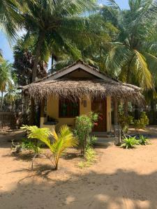 una pequeña casa amarilla con palmeras delante en Anawasal, en Kalpitiya
