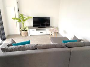 ein Wohnzimmer mit einem Sofa und einem Flachbild-TV in der Unterkunft Villa de 3 chambres avec jardin clos et wifi a Bras Panon in Bras-Panon