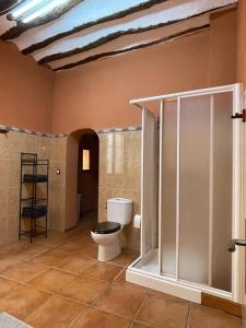 a bathroom with a toilet with a glass shower stall at Ruim appartement tot 6 personen in Monóvar