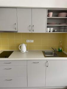 - une cuisine avec des placards blancs et un évier dans l'établissement Penzion Brtnice, à Brtnice