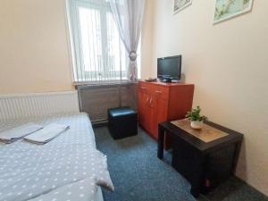 - une chambre avec un lit et une télévision sur une commode dans l'établissement Apartaments Piotrkowska 101, à Łódź