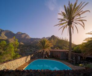 a swimming pool with a palm tree and mountains in the background at Redondo de Guayedra in Guayedra
