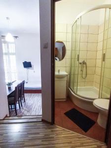 Apartaments Piotrkowska 101 في لودز: حمام مع حوض ومغسلة ومرحاض