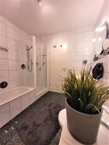 a bathroom with a tub shower and a potted plant at Winterberg Appartement 21121 in Winterberg +20 photos