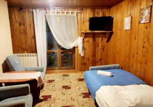 a bedroom with a bed and a tv and a window at Willa Słotwinka in Krynica Zdrój