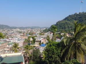 a city with palm trees and a mountain at New Dream Homestay in Guwahati