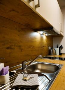 a kitchen with a sink and a counter top at Parkresidenz Lychen, Ferienwohnung 8 in Lychen +64 photos