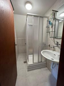 een badkamer met een douche en een wastafel bij Šumska Tajna in Divčibare
