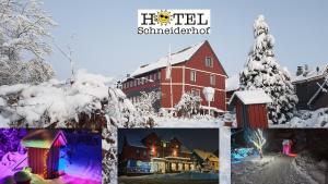 eine Collage mit Bildern eines schneebedeckten Gebäudes in der Unterkunft Hotel Schneiderhof in Braunlage