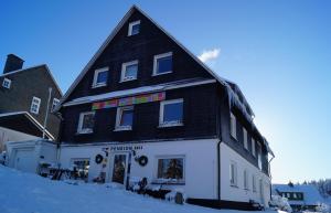 een groot zwart-wit gebouw in de sneeuw bij Hotel Pension De Gasterei in Winterberg
