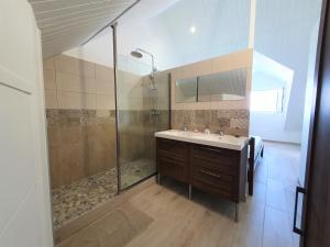 Cul de Sac的住宿－Pinel Superbe appartement en résidence VUE MER，一间带水槽和淋浴的浴室