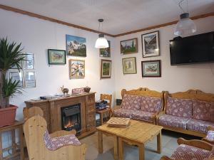 een woonkamer met een bank en een open haard bij Auberge du Freney in Le Freney-dʼOisans