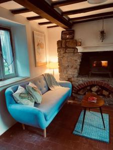 a blue couch in a living room with a fireplace at Maison du petit Poète in Quarré-les-Tombes