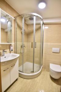 een badkamer met een douche, een toilet en een wastafel bij Apartments Sana 2 in Vir