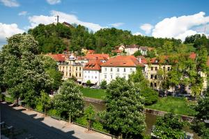 eine Gruppe von Gebäuden auf einem Hügel mit Bäumen in der Unterkunft Zois Apartments in Ljubljana