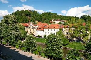 a group of buildings on a hill with trees at Zois Apartments in Ljubljana