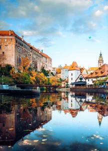 a view of a city with a river and buildings at Mill Apartments in Český Krumlov