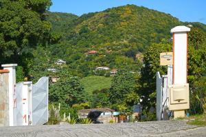 a house with a mountain in the background at Résidence Flores De Maria in Le Marin