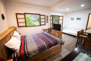 Un dormitorio con una cama y un televisor. en Casa Lucas - loft espaçoso com jardim e churrasqueira, en Petrópolis