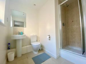 a bathroom with a toilet and a sink and a shower at Moroccan Inspired Northampton Apartment in Northampton +41 photos
