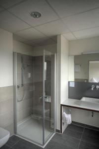 a bathroom with a shower and a toilet and a sink at Rosa Flesch Hotel und Tagungszentrum in Waldbreitbach