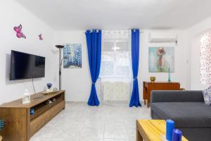 a living room with blue curtains and a couch at Apartamento Casa de Campo in Madrid