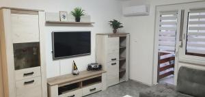 a living room with a television on a wall at Apartma Sivi žako in Bohinj