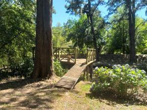 un puente de madera en un parque junto a un árbol en LA ALPINA en Dique Luján