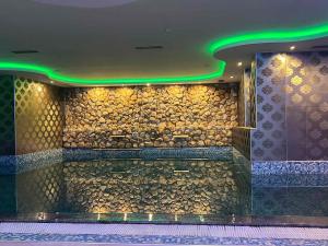 La salle de bains est pourvue d'un mur en pierre et d'une douche avec des lumières vertes. dans l'établissement Apartment Elvir, à Kopaonik
