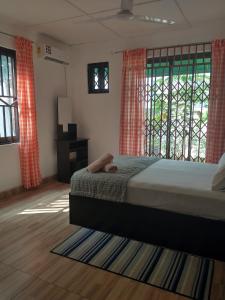 a bedroom with a bed and a large window at Beautiful House Spintex Road Accra in Accra