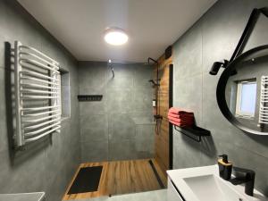 a bathroom with a shower and a sink and a mirror at Apartamenty Młynne in Muszyna