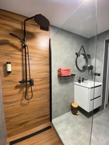 a bathroom with a shower and a sink at Apartamenty Młynne in Muszyna
