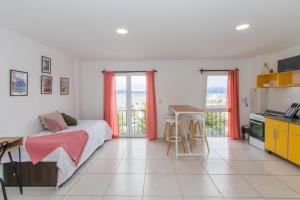 1 dormitorio con cama, mesa y escritorio en Gray Fox Apartments Alem en Ushuaia