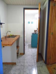 uma cozinha com um lavatório e uma bancada em la casita em El Bolsón