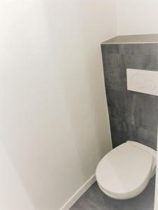 uma casa de banho com um WC branco num quarto em Super central in Brussels em Bruxelas