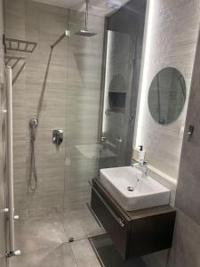 a bathroom with a shower and a sink and a mirror at Central cozy apartment with garden in Alexandroupoli