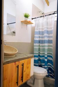 e bagno con lavandino, servizi igienici e tenda per la doccia. di Finca Las Aguas a Calima