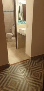 bagno con servizi igienici, lavandino e specchio di La Casa de los Molles a Tilcara