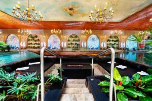 a resort lobby with a pool and plants at Hotel Villa Lobos Spa Romantik in Extrema