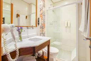 a bathroom with a sink and a toilet and a shower at Hotel Villa Lobos Spa Romantik in Extrema