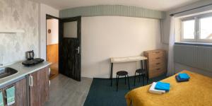 um quarto com uma cama, um lavatório e uma cozinha em Benecko 138 em Benecko