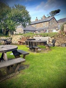 un grupo de mesas de picnic y bancos en el césped en The White House at The Tinners Arms en St Ives