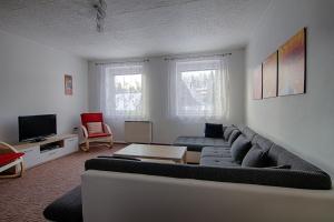 uma sala de estar com um sofá e uma televisão em Apartmán Iveta em Rokytnice nad Jizerou