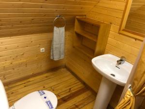 a wooden bathroom with a sink and a toilet at Sierra Nevada Cabaña de madera in Sierra Nevada +37 photos