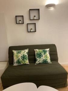 a green couch with two pillows in a living room at Appartement Type 2 de 40m2 avec spa privatif in Ventabren